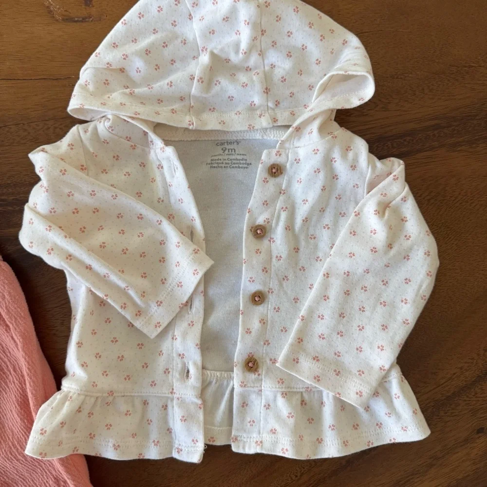Carter’s Cotton Pink Ruffled Jumpsuit and White Floral Hoodie Set 9M